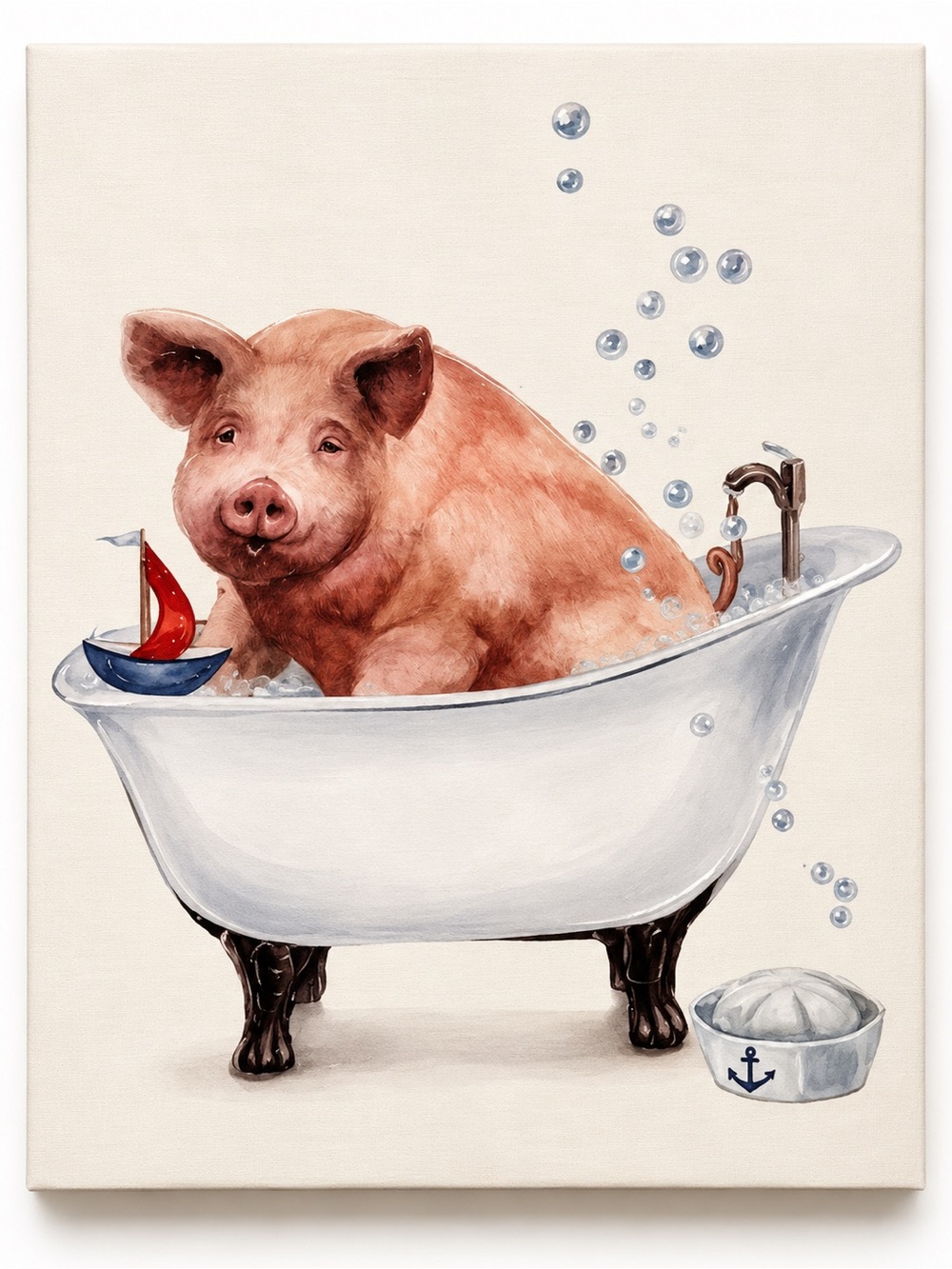 Whimsical Pig in Clawfoot Tub Canvas Wall Art Nautical Bathroom Decor